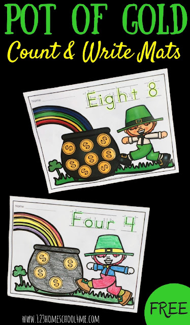 Spark an excitement for learning with this cute pot of gold worksheet that helps kids practice counting to 10. This St Patricks Day counting activity is perfect for preschool, pre-k, and kindergarten age students. Children will help the cute leprechaun count his gold coins in his pot, which is at the end of the rainbow. This pot of gold counting is sure to make learning fun in March! Simply print pdf file with st patricks day preschool worksheet and print in color or black and white to count and write from 1-10! Spark an excitement for learning with this cute pot of gold worksheet that helps kids practice counting to 10. This St Patricks Day counting activity is perfect for preschool, pre-k, and kindergarten age students. Children will help the cute leprechaun count his gold coins in his pot, which is at the end of the rainbow. This pot of gold counting is sure to make learning fun in March! Simply print pdf file with st patricks day preschool worksheet and print in color or black and white to count and write from 1-10!