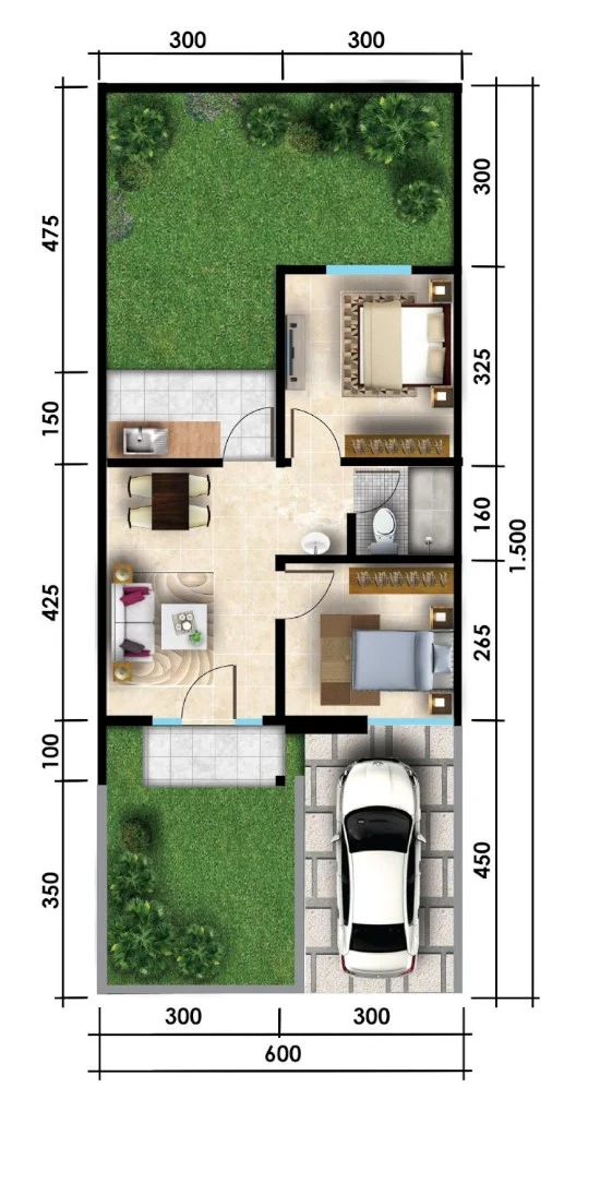 Denah rumah minimalis ukuran 6x15 meter 2 kamar tidur 1 lantai