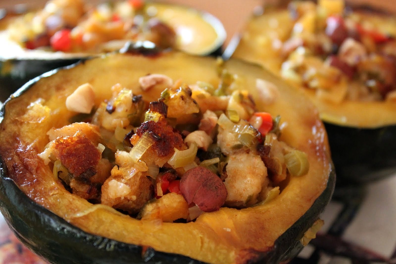 Baked Acorn Squash with Chestnuts, Apples and Leeks