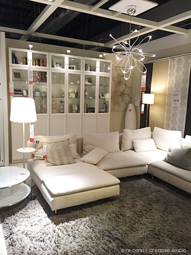 organization ideas, living room ideas at IKEA, lighting, white furniture