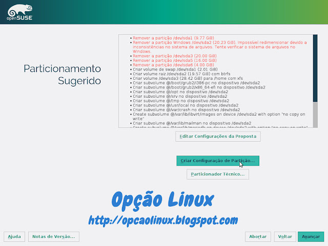 Particionamento sugerido pelo instalador do openSUSE