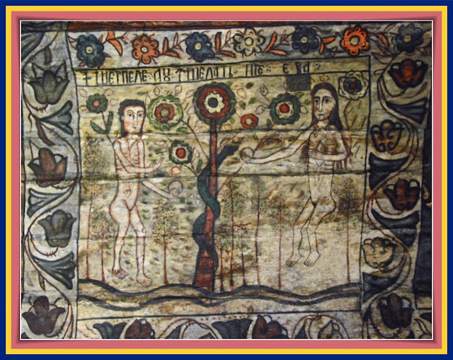 Iglesia en Desesti. Detalle de las pinturas del techo. Adán y Eva
