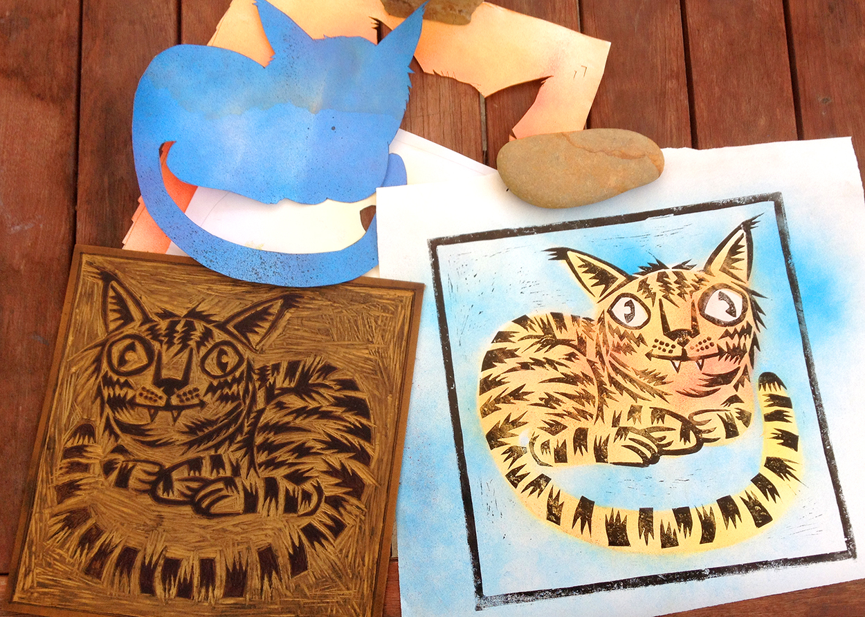 robin cave blog Cat spray stencil & linocut