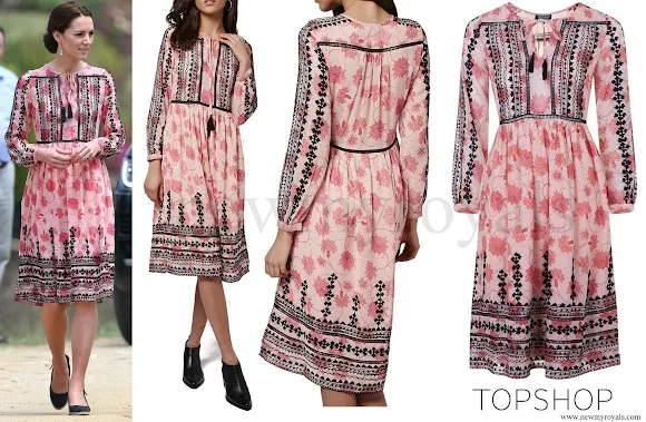 Kate Middleton wore Topshop Pink Print Embroidered Midi Dress