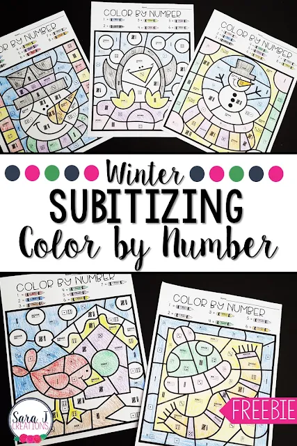 Winter subitizing color by number sheets are the perfect activity for kindergarten students to practice and build number sense skills. Download your free coloring worksheets now!