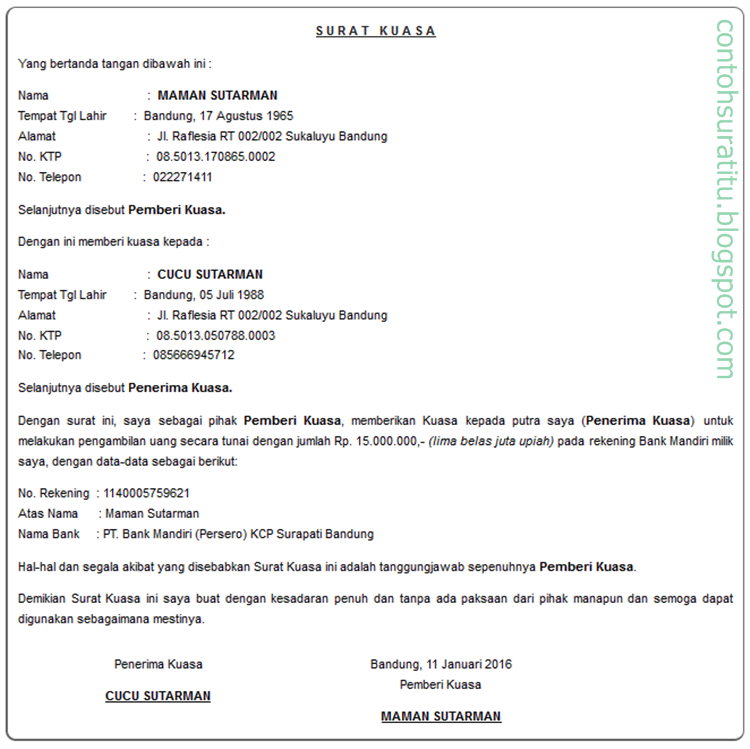 Asli Contoh Surat Kuasa Untuk Mengambil Uang Di Bank Yang Benar