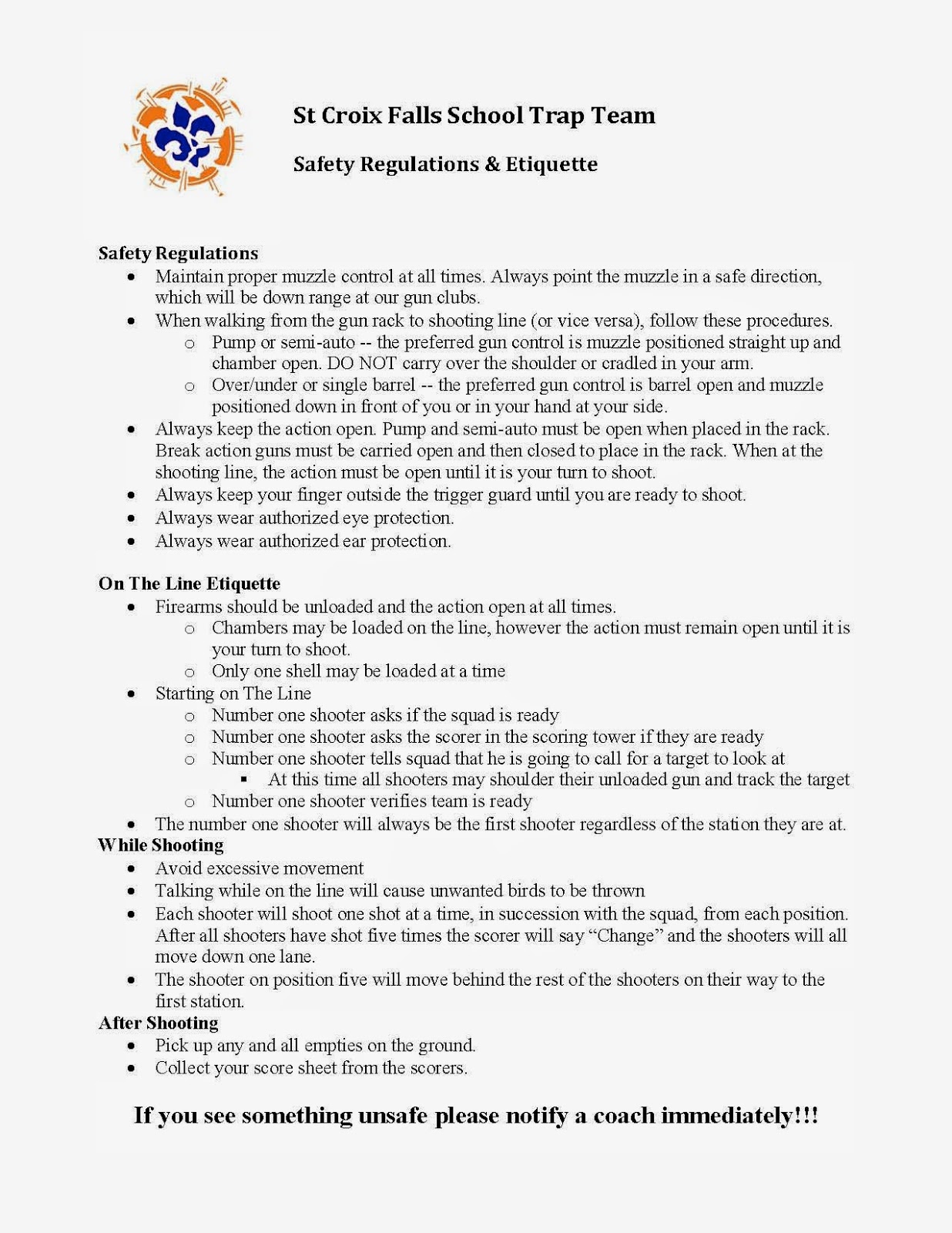 St. Croix Falls Saints Trap Safety Regulations & Etiquette and Code of