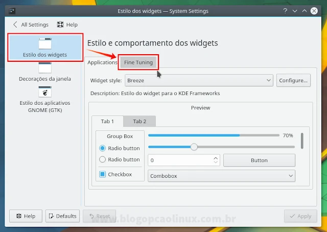 Em "Estilo dos widgets", clique na aba "Fine Tuning"