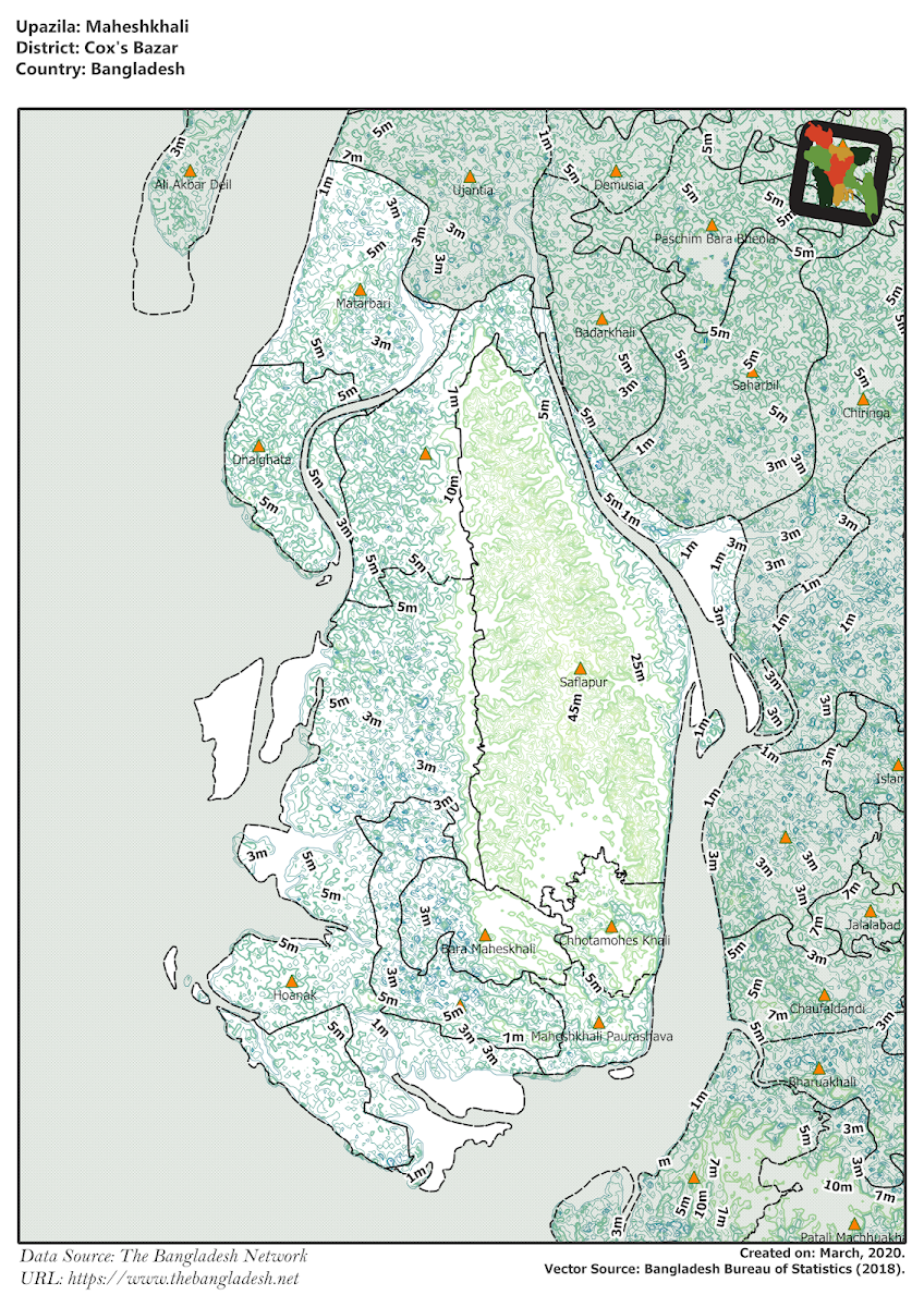 Maheshkhali Upazila Elevation Map Cox's Bazar District Bangladesh