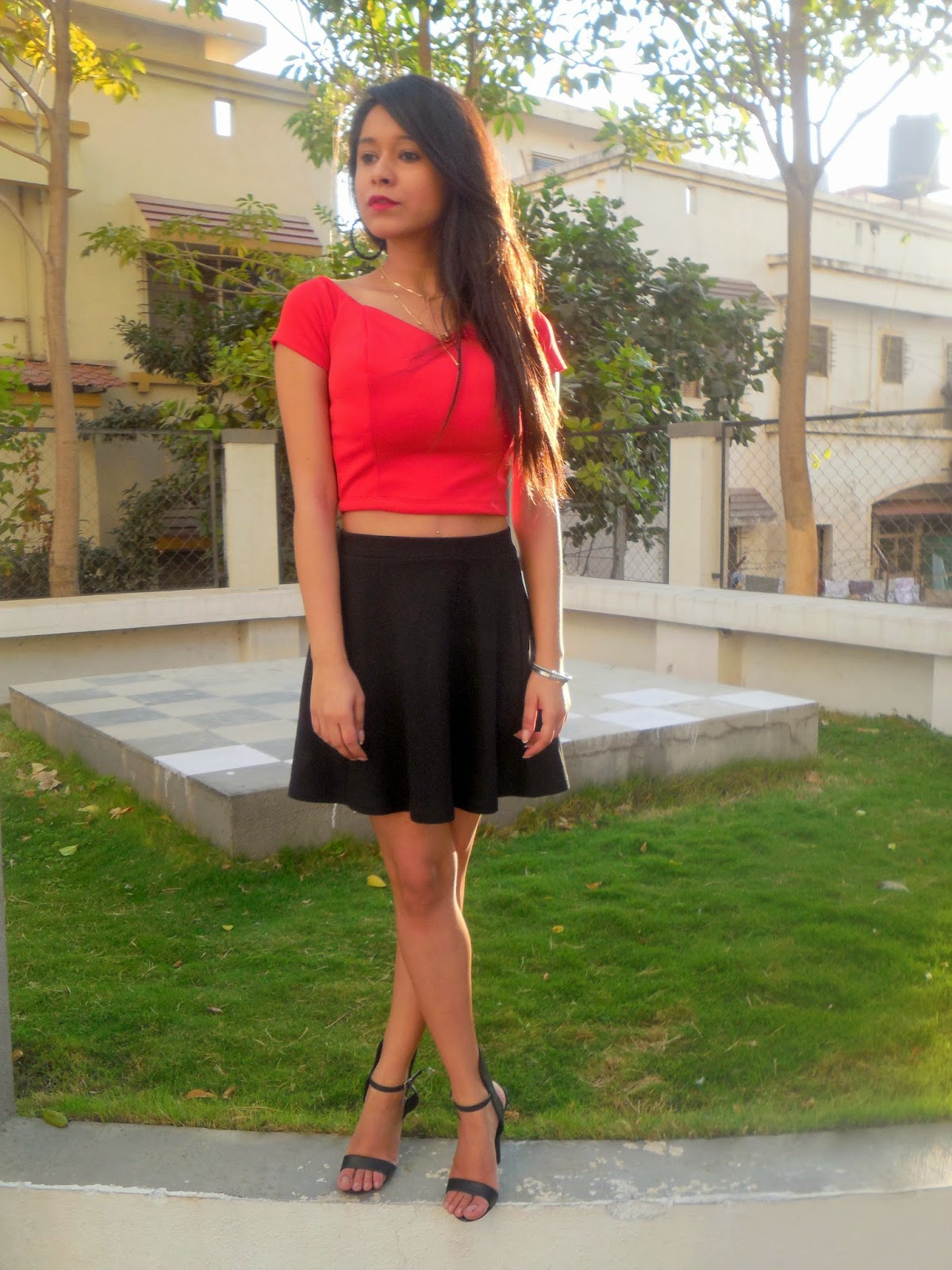 Date Night Outfit Idea 2015 Skater Skirt & Crop Top Bling