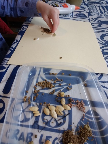 toddler placing seeds onto her collage