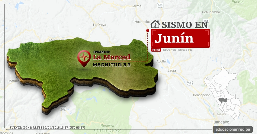 Temblor en Junín de magnitud 3.9 (Hoy Martes 10 Abril 2018) Sismo EPICENTRO La Merced - Chanchamayo - Perené - Pichanaqui - San Ramón - Vítoc - IGP - www.igp.gob.pe Temblor en Junín de magnitud 3.9 (Hoy Martes 10 Abril 2018) Sismo EPICENTRO La Merced - Chanchamayo - Perené - Pichanaqui - San Ramón - Vítoc - IGP - www.igp.gob.pe