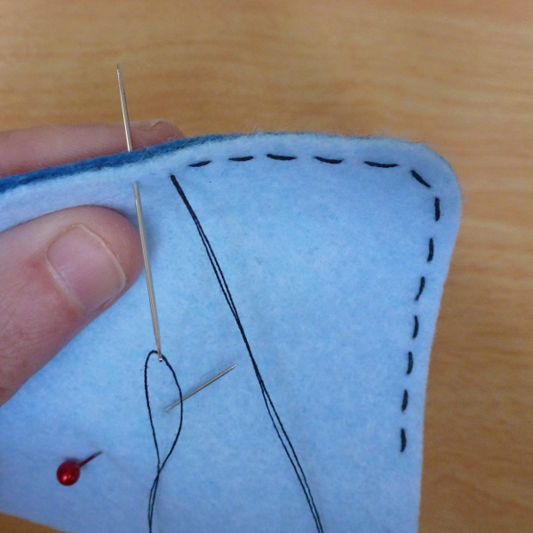 Sewing running stitch by hand around a corner of felt using forefinger to steady needle