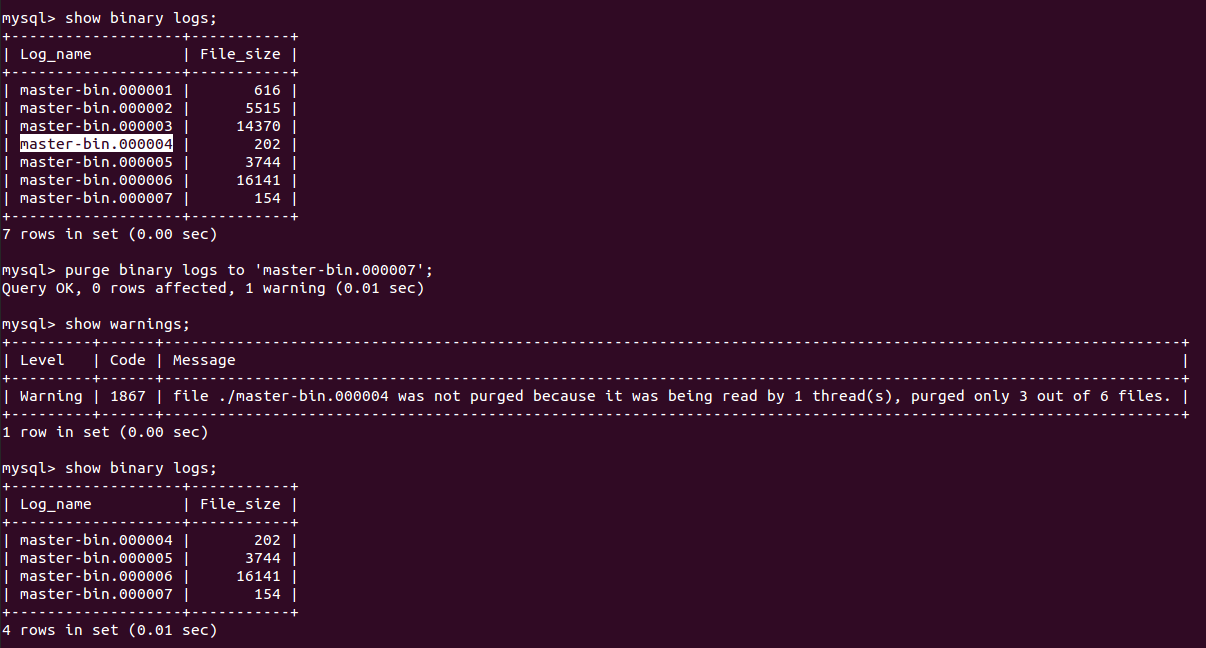 About MySQL About the new warnings generated during 'PURGE BINARY LOGS