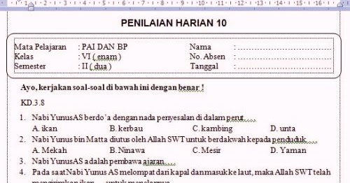 Soal Ulangan Harian Pai Kelas 6 Semester 2 K 13 Sekolahdasar Net