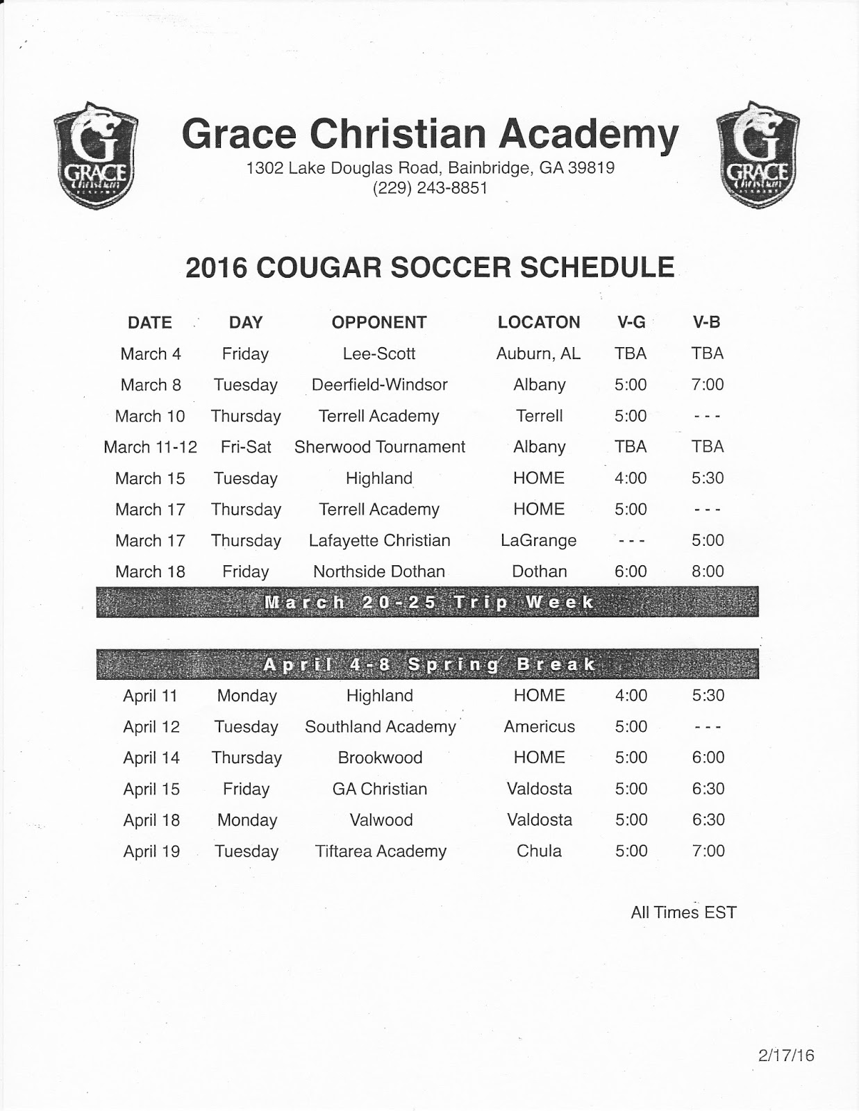 Grace Christian Academy 2016 Spring Soccer Schedule