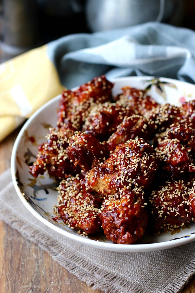 Korean-Style Fried Chicken Wings with gochujang sauce and brown rice syrup
