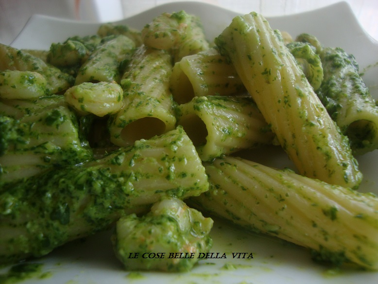 Le Cose Belle della Vita Rigatoni con pesto di rucola e gamberetti