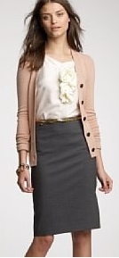outfit post: pink cardigan, grey pencil skirt, gold belt