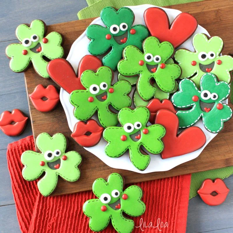 St. Patrick's Day decorated chocolate sugar cookie shamrocks