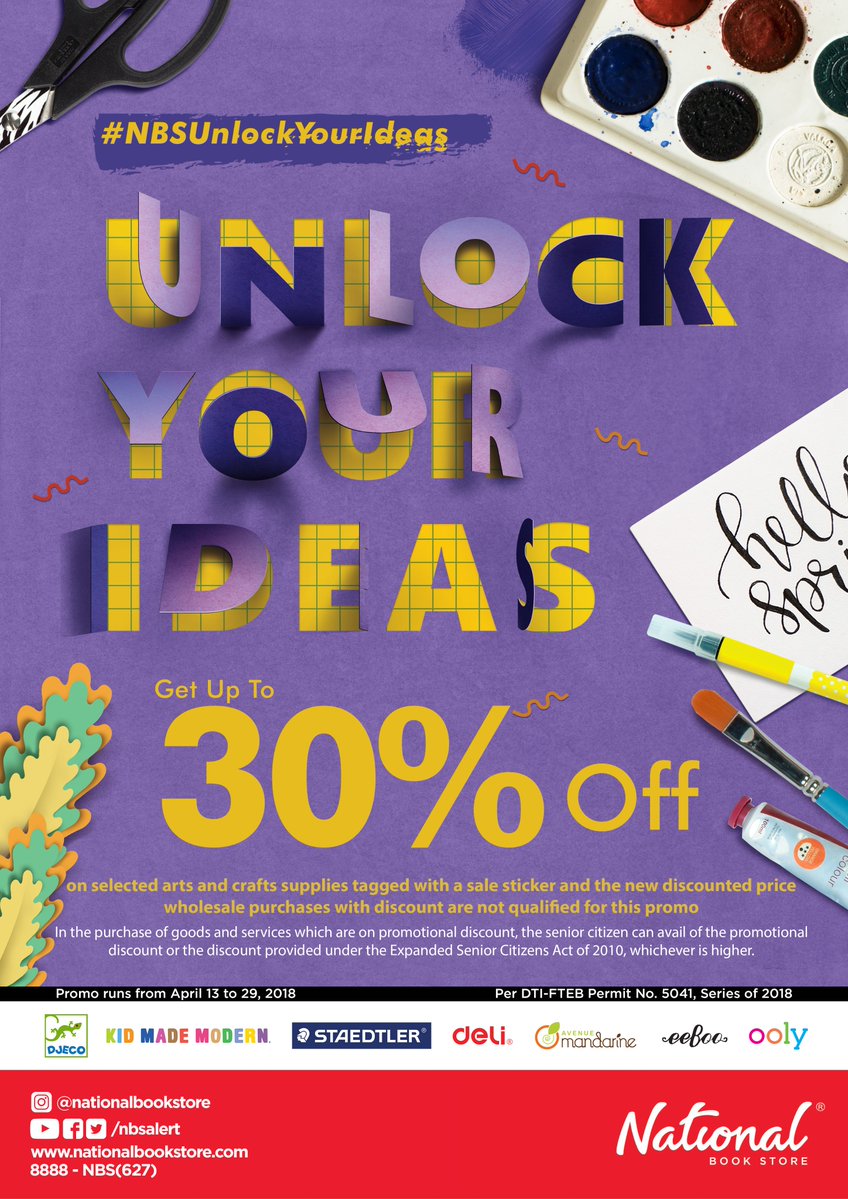 National Bookstore Arts and Crafts discount on April 13, 2018 to April