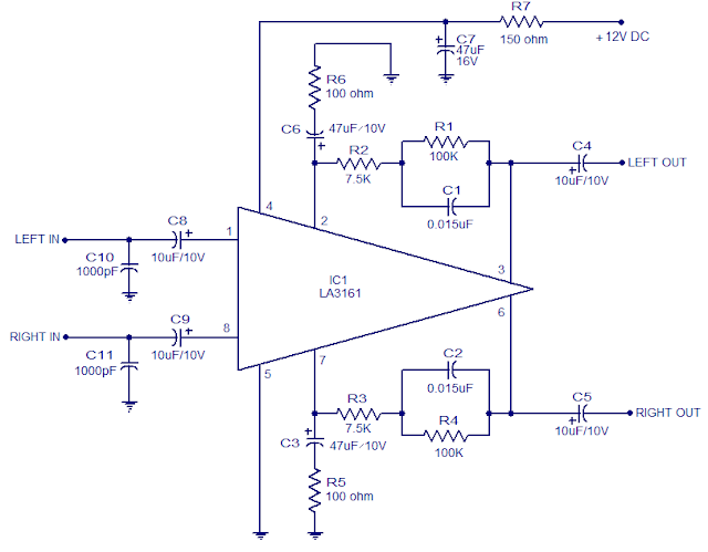 Circuit Schematic Stereo Preamplifier using LA3161 IC - Electronic Index