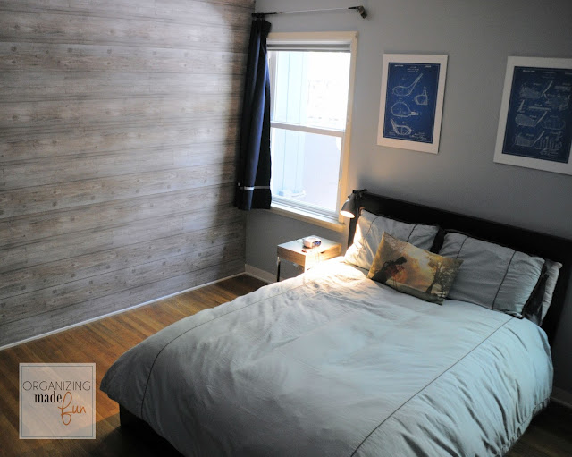 Planked wall with wallpaper and golf blue print art :: OrganizingMadeFun.com