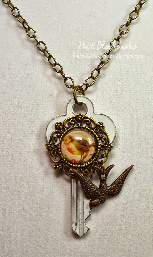 EmbellishedDreams Designs Vintage Key Necklace with Cabochon and Bird