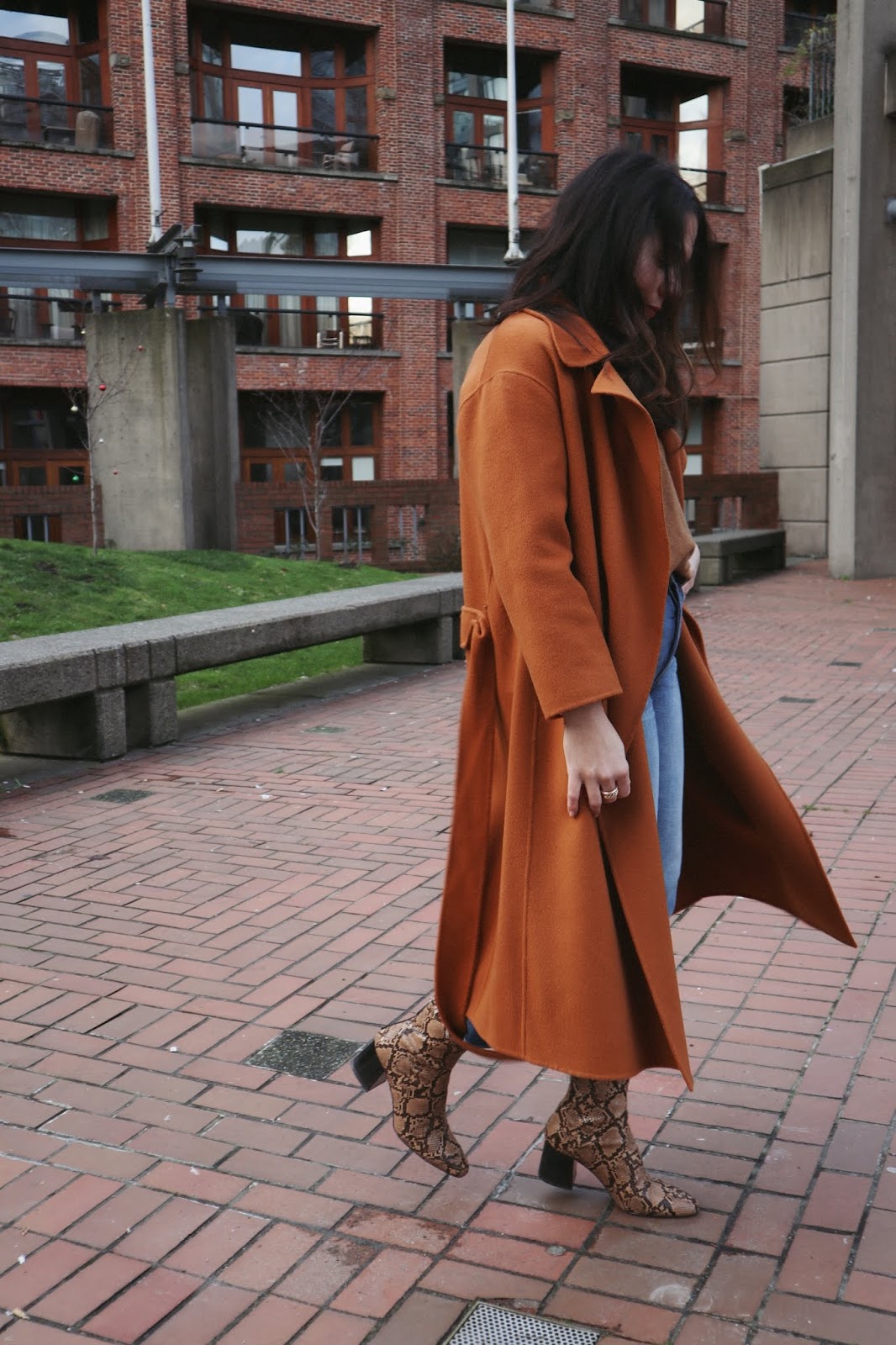 orange wool coat outfit rust vancouver fashion blogger achro coat snakeskin boots