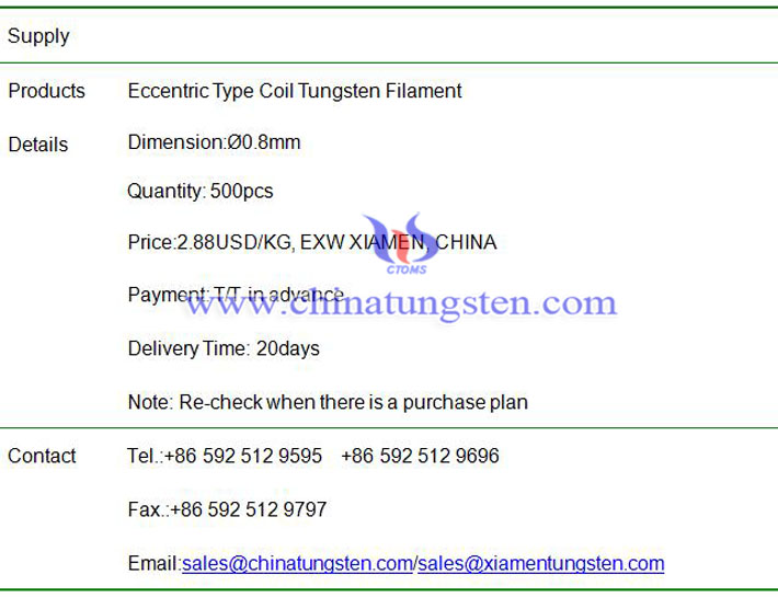 puretungsten Eccentric Type Coil Tungsten Filament Price on Nov. 21, 2018