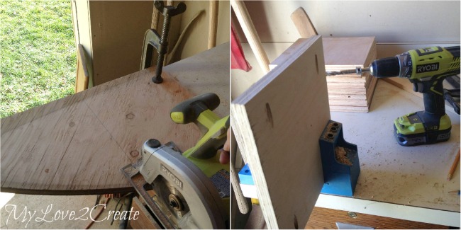 cutting scrap plywood for desk shelves, drilling pocket holes
