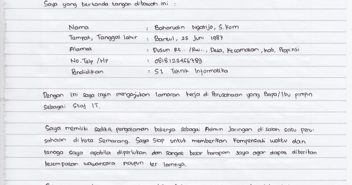 Contoh Surat Lamaran Tulis Tangan Cpns 2014