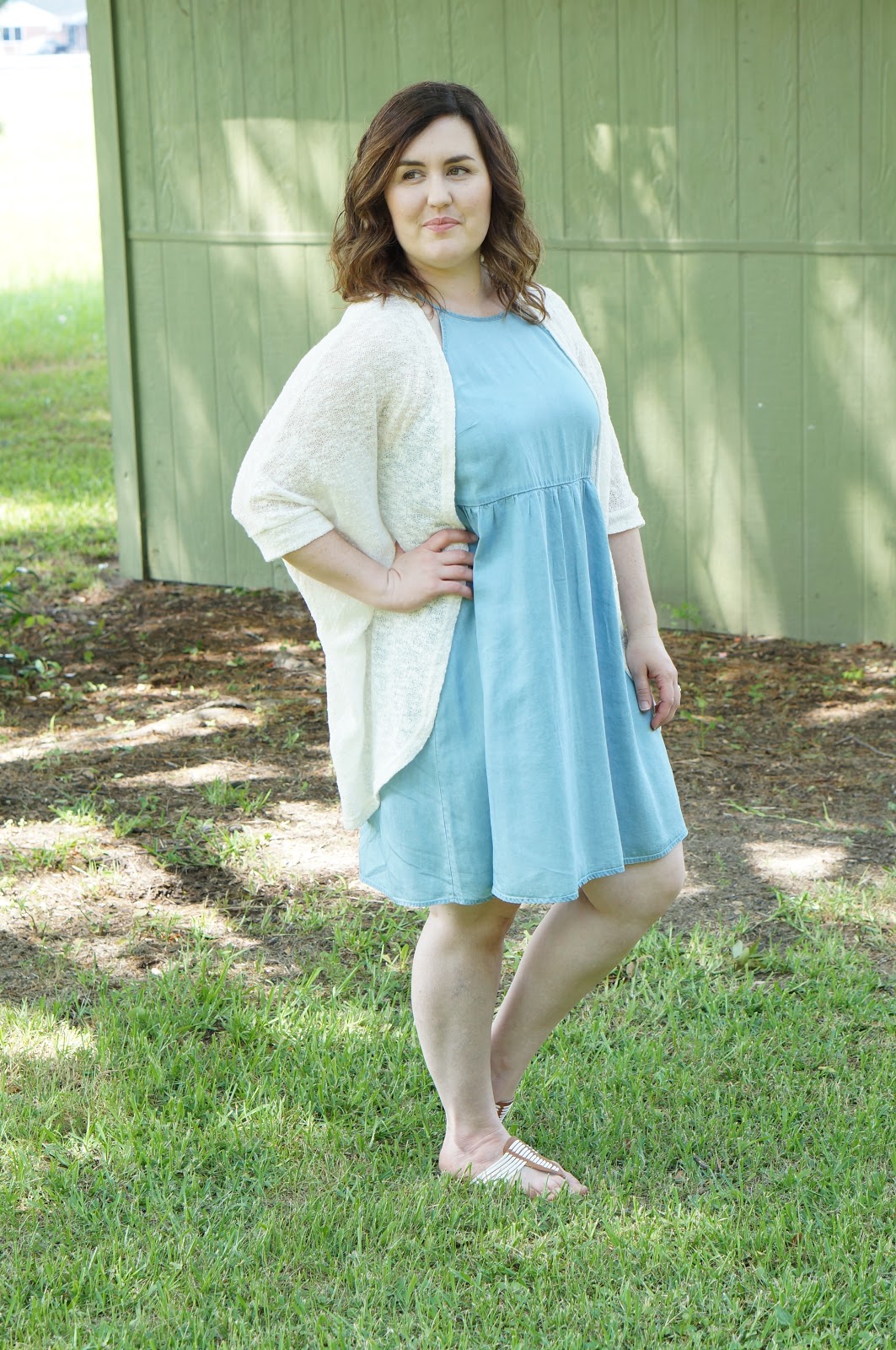 Rebecca Lately Target Chambray Swing Dress Cream Cocoon Cardigan Target DV Sandals