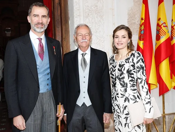 Queen Letizia wore Felipe Varela dress, Magrit pumps and carried Felipe Varela clutch bag for 2016 Cervantes Literary Award Ceremony. King Felipe