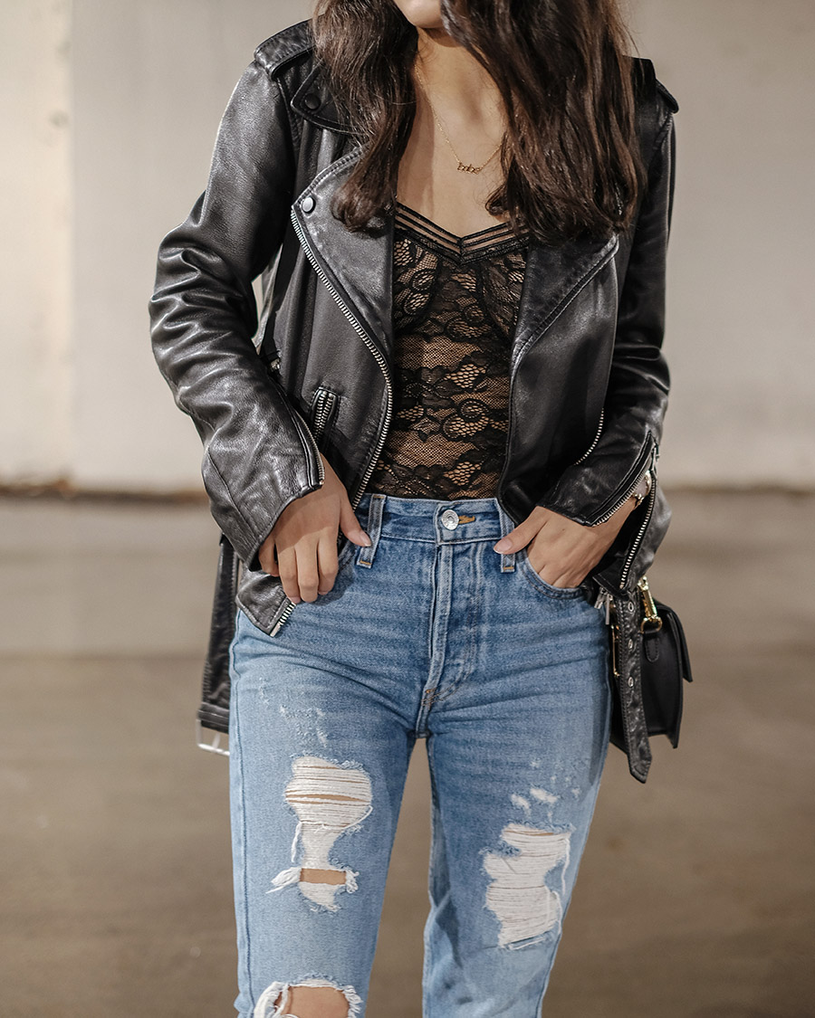 lace bodysuit leather jacket outfit