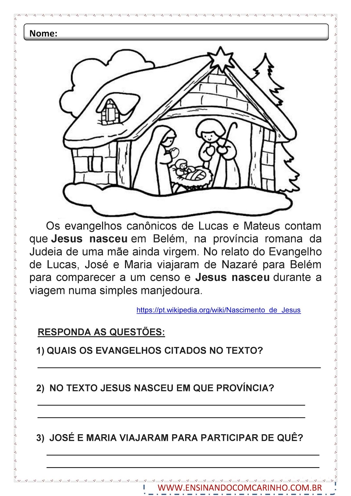 Atividade de natal o nascimento de Jesus