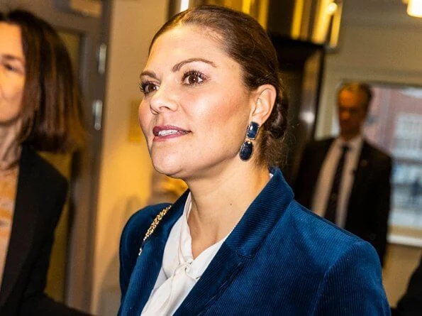 Crown Princess Victoria wore Dagmar Tuva cord blazer, Ebba Brahe Duchess earrings, Gianvito Rossi Levy ankle boots, Valentino bag