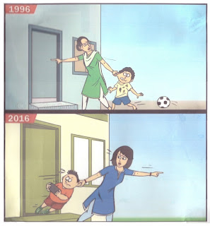 No ano de 1996 uma mãe leva o filho, que jogava à bola, por uma orelha para dentro de casa. Em 2016 uma mãe leva o filho, que jogava video-jogos, por uma orelha para fora de casa.