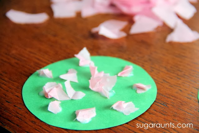 Cherry blossom tissue paper craft Crumbling tissue paper is great for fine motor skills.