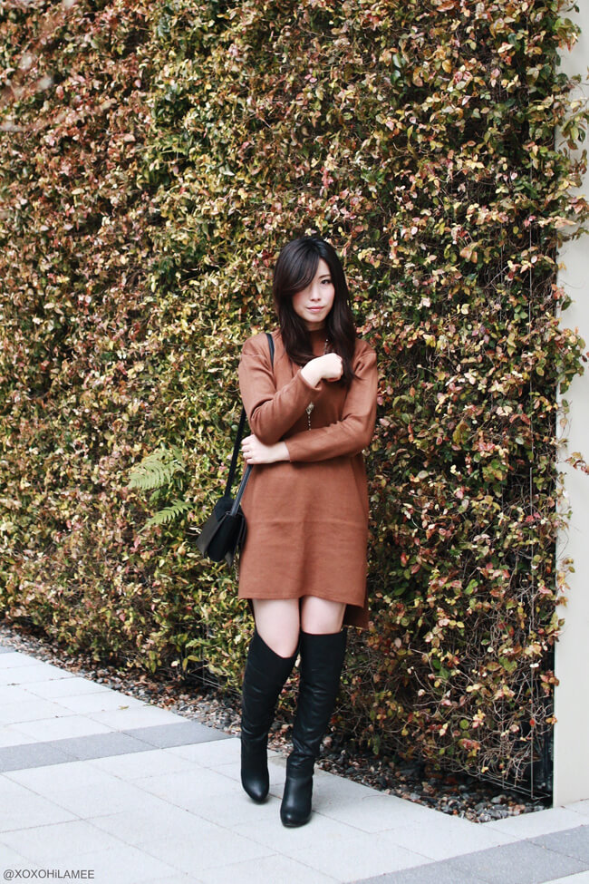 xoxoHilamee OOTD GRAY LONG COAT & BROWN KNIT DRESS