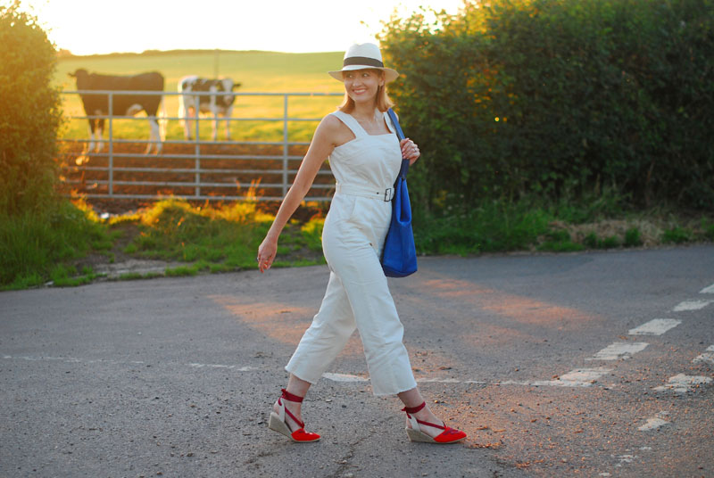 Sleeveless summer overalls: Red, white and blue outfit - red wedge espadrilles, white dungarees and Panama hat, blue slouchy bag | Not Dressed As Lamb