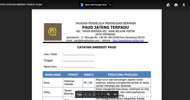 Format Contoh Catatan Anekdot Anak PAUD KK 2013