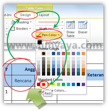  Gambar: Memilih warna garis / border tabel di Microsoft Word 2010 menjadi merah