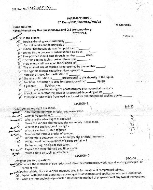 Punjab State Board Diploma Pharmacy Pharmaceutics I 2016 Question Paper