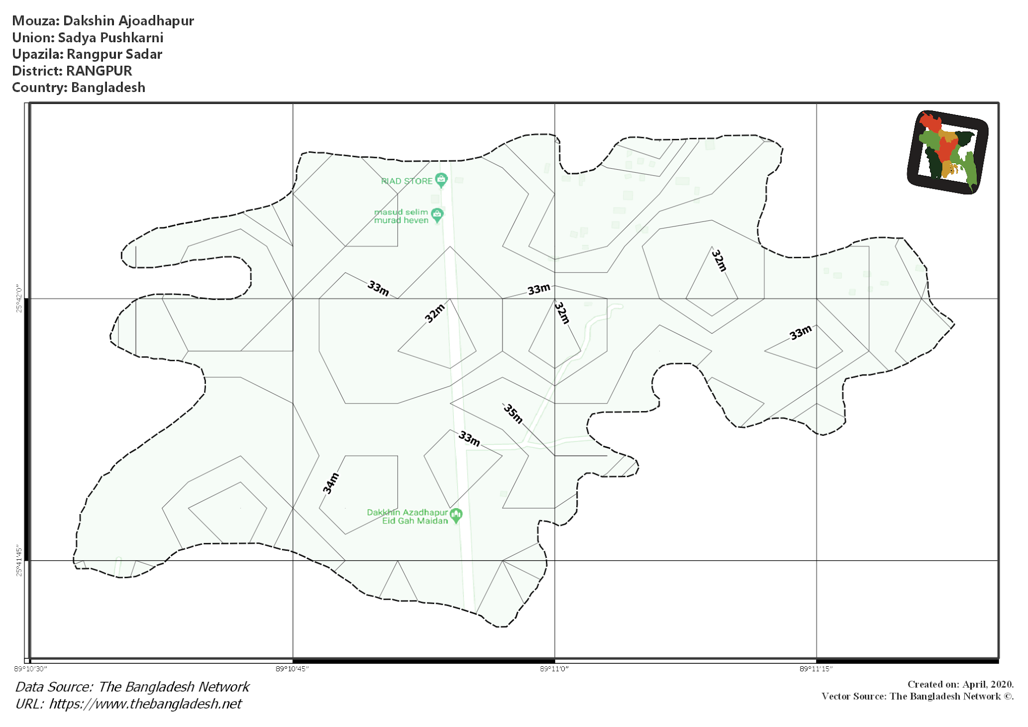 Map of Dakshin Ajoadhapur Mouza of Rangpur Sadar Upazila, RANGPUR, Bangladesh.