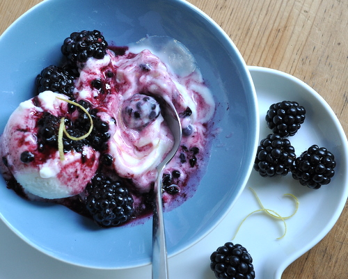 Homemade Frozen Yogurt with Blackberry Sauce ♥ KitchenParade.com, a real summer treat, so simple, so fresh. Just five ingredients in the frozen yogurt and the sauce. High Protein. Gluten Free. Make it with non-fat Greek yogurt for a Weight Watchers Friendly zero-point dessert.