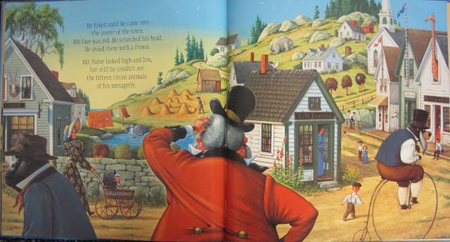 Double spread from The Circus Ship showing hidden animals and Mr. Paine