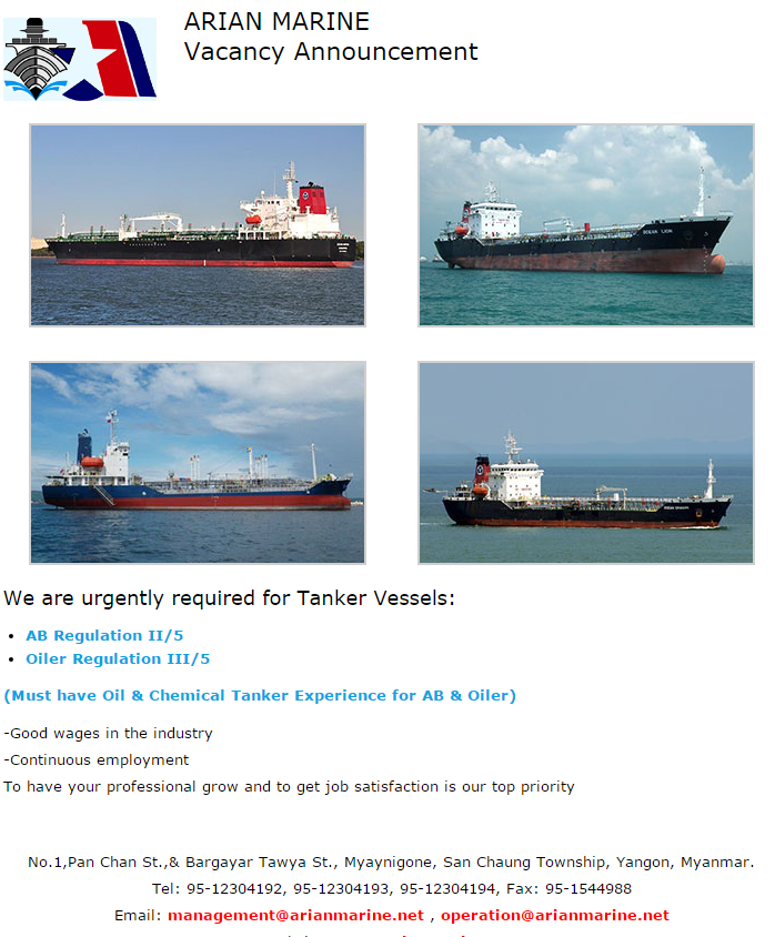 Urgently required myanmar crew able bodied seaman, oiler for oil tanker
