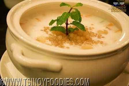 chilled coconut milk soup with sago and fresh fruits