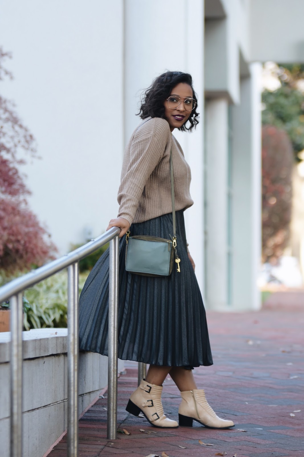 Geek Chic Style, pleated skirt, rainbow, fossil bag, guilty soles, fall booties, clear glasses trend, fall make up looks